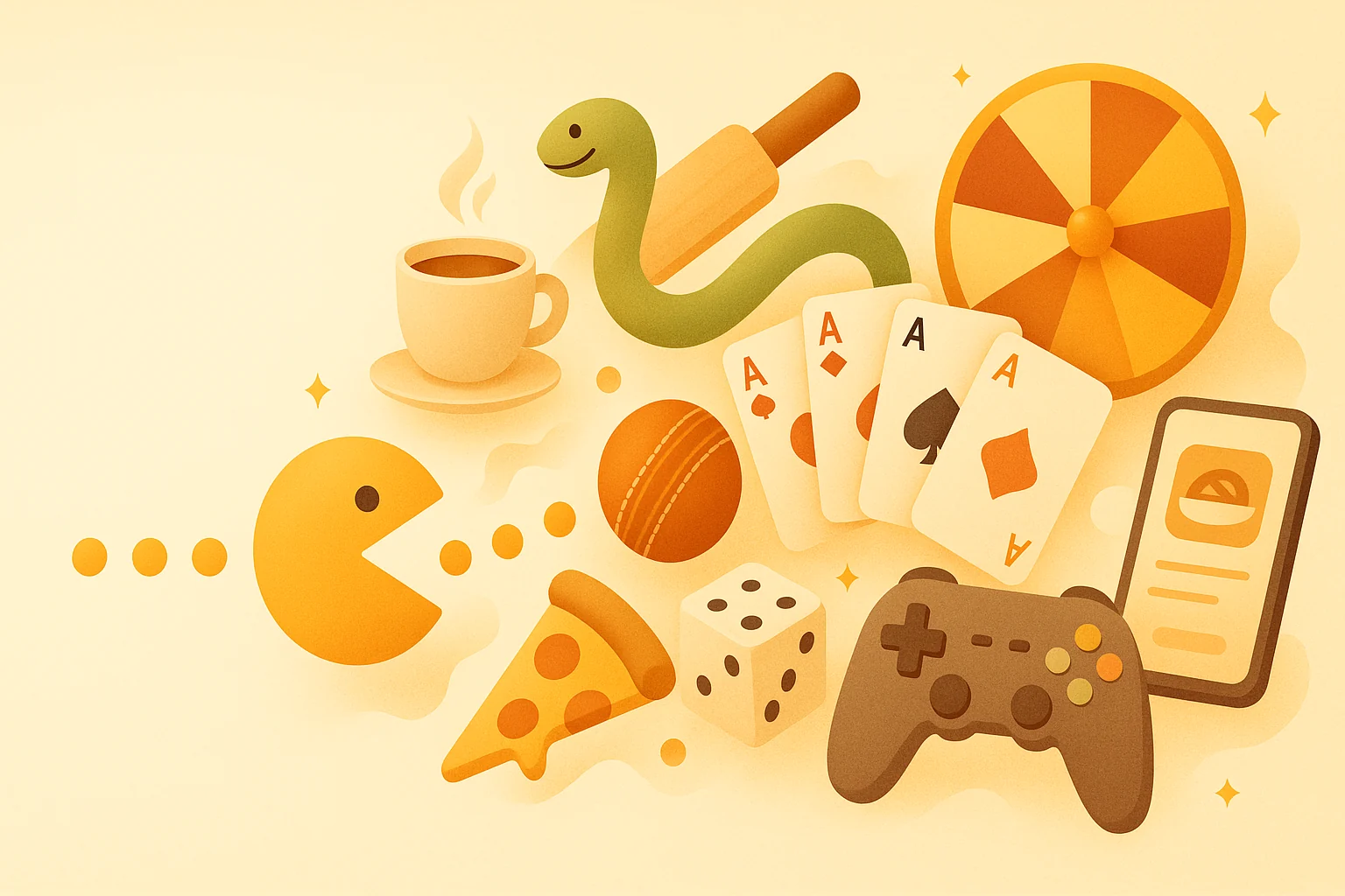 Playful illustration of arcade and classic games with coffee and food
